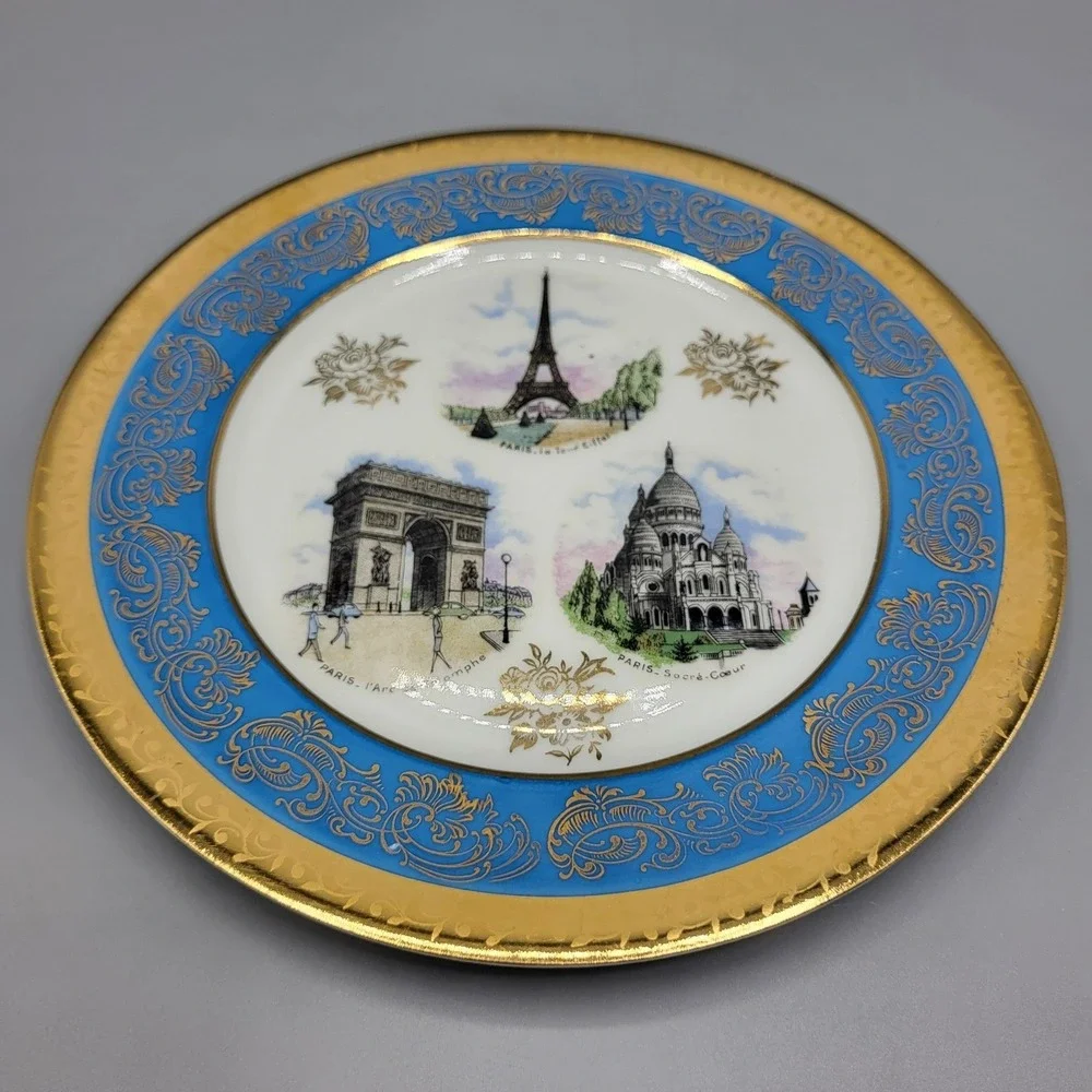 Limoges Decorative Plate Paris Landmarks Eiffel Tower Gold Turquoise Blue France